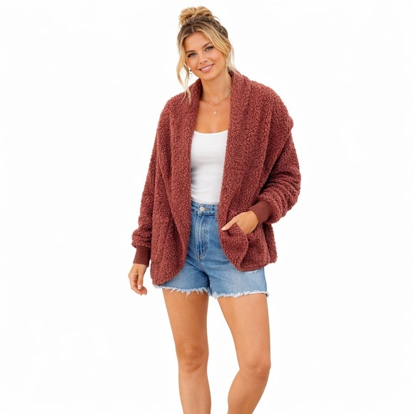 Nordic Beach Sweaters - Nordic Beach Body Wrap Sherpa Fleece Hooded Cardigan Mahogany Wine One Size OSFA